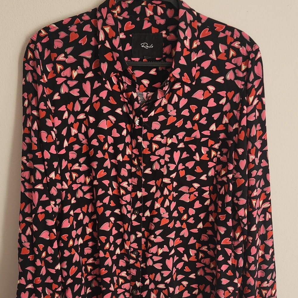Rails Josephine Heart Print Button-Up Shirt-Sz Med-EUC